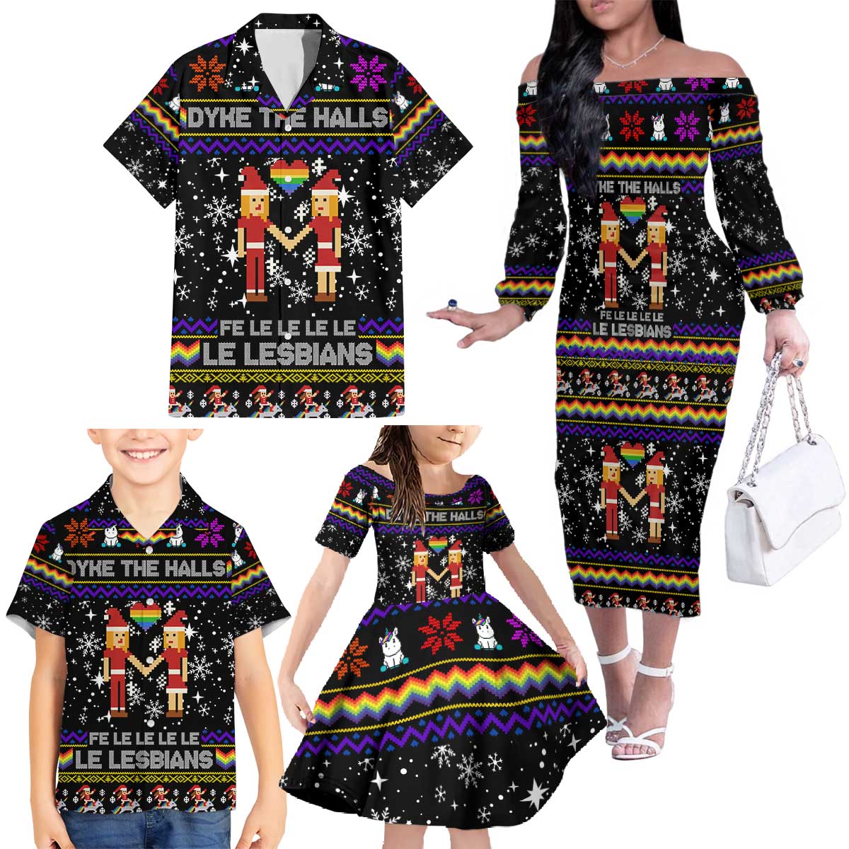 LGBT Lesbians Christmas Family Matching Off The Shoulder Long Sleeve Dress and Hawaiian Shirt Xmas Holiday Patterns - Wonder Print Shop
