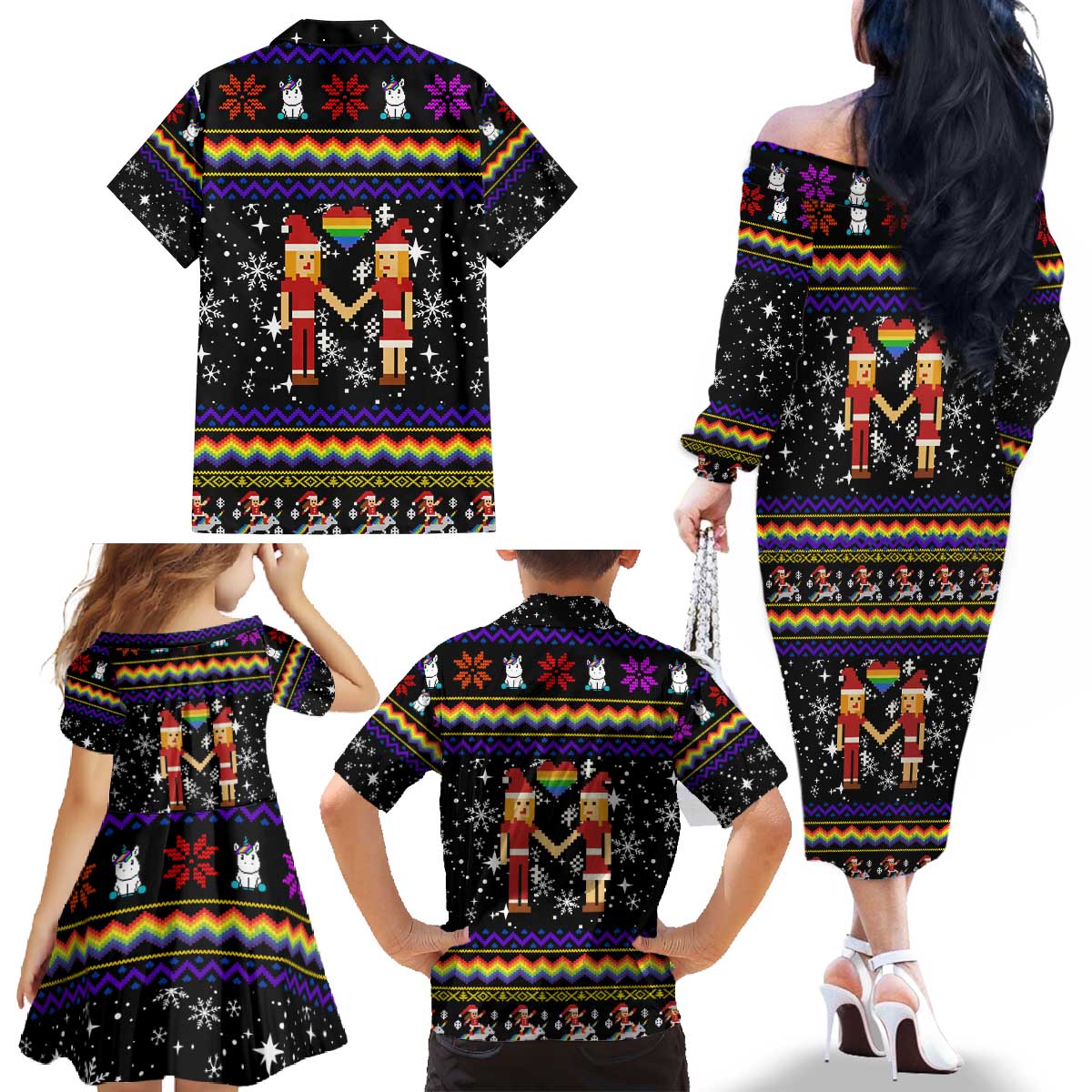 LGBT Lesbians Christmas Family Matching Off The Shoulder Long Sleeve Dress and Hawaiian Shirt Xmas Holiday Patterns - Wonder Print Shop
