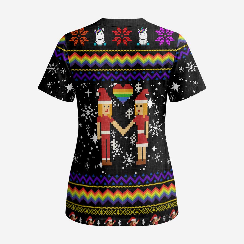 LGBT Lesbians Christmas Scrub Top Xmas Holiday Patterns - Wonder Print Shop