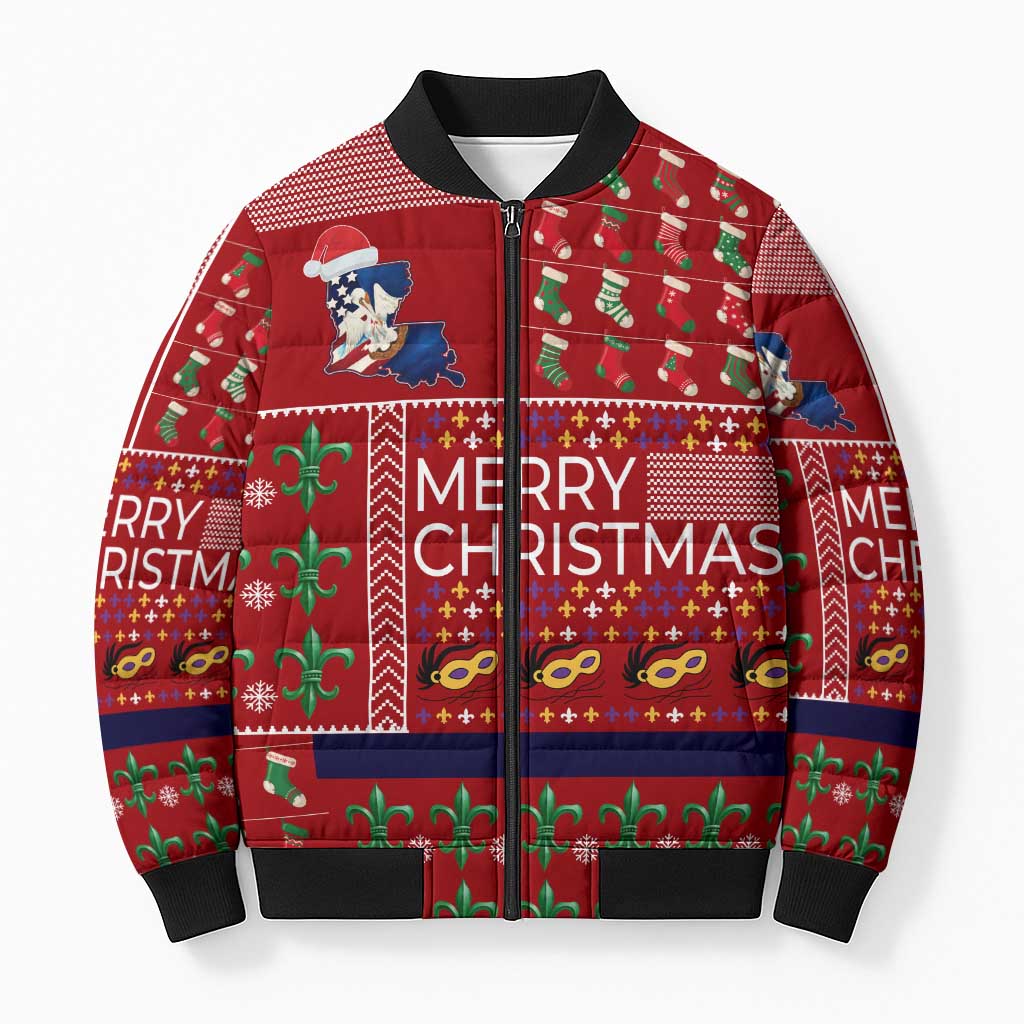 Louisiana Merry Christmas Bomber Puffer Jacket Xmas Holiday Patterns - Wonder Print Shop