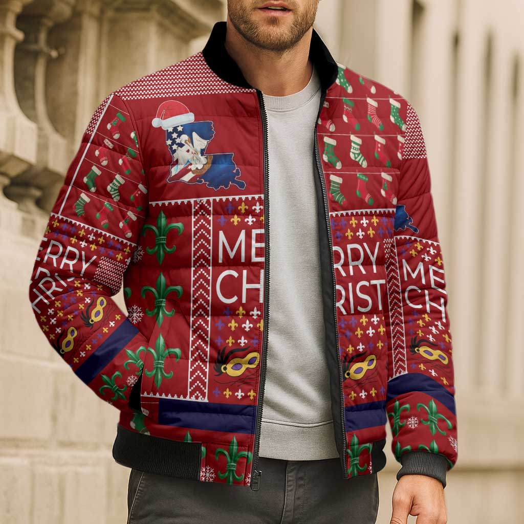 Louisiana Merry Christmas Bomber Puffer Jacket Xmas Holiday Patterns - Wonder Print Shop