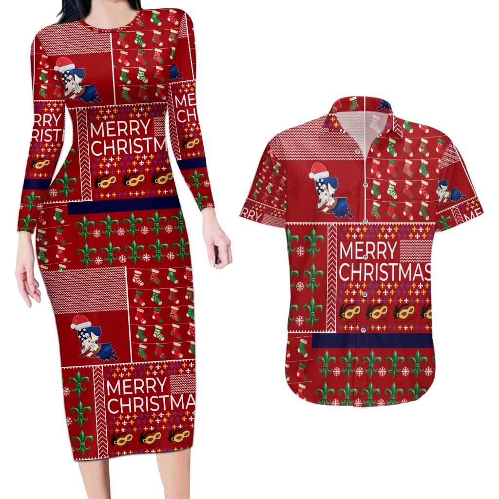 Louisiana Merry Christmas Couples Matching Long Sleeve Bodycon Dress and Hawaiian Shirt Xmas Holiday Patterns - Wonder Print Shop