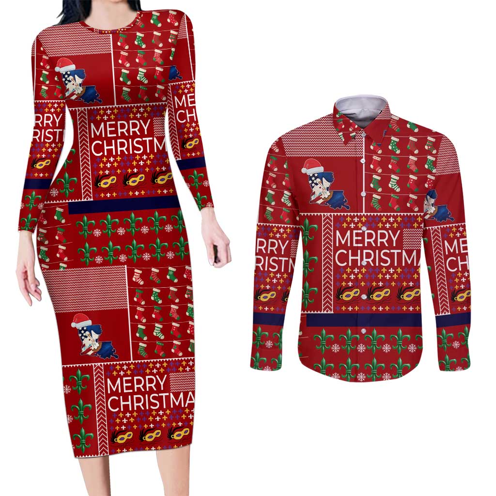 Louisiana Merry Christmas Couples Matching Long Sleeve Bodycon Dress and Long Sleeve Button Shirt Xmas Holiday Patterns - Wonder Print Shop