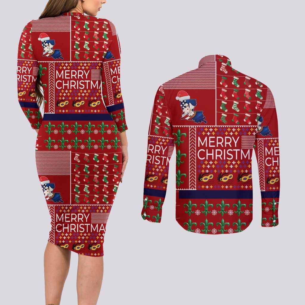 Louisiana Merry Christmas Couples Matching Long Sleeve Bodycon Dress and Long Sleeve Button Shirt Xmas Holiday Patterns - Wonder Print Shop