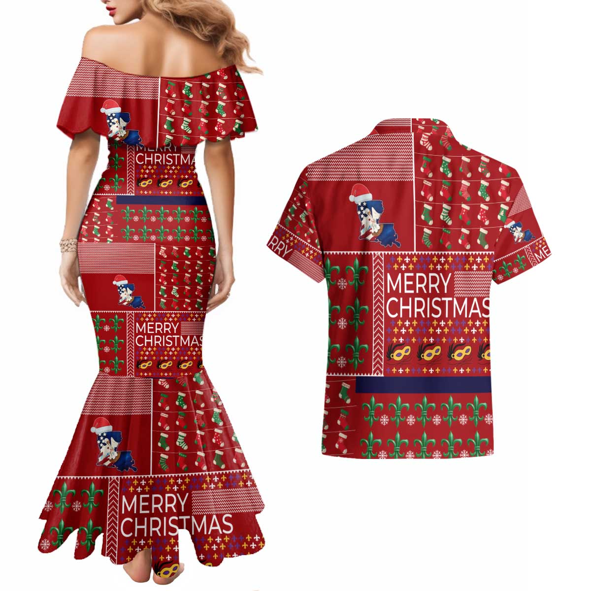 Louisiana Merry Christmas Couples Matching Mermaid Dress and Hawaiian Shirt Xmas Holiday Patterns - Wonder Print Shop