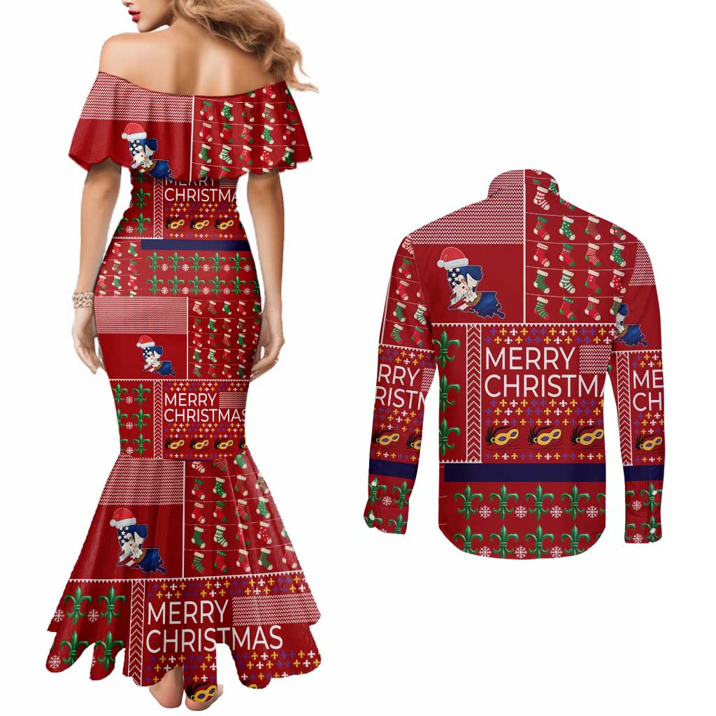 Louisiana Merry Christmas Couples Matching Mermaid Dress and Long Sleeve Button Shirt Xmas Holiday Patterns - Wonder Print Shop
