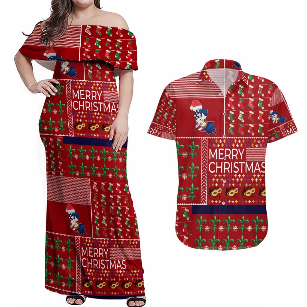 Louisiana Merry Christmas Couples Matching Off Shoulder Maxi Dress and Hawaiian Shirt Xmas Holiday Patterns - Wonder Print Shop