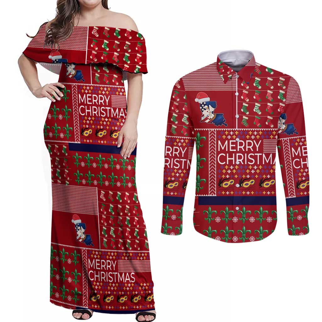 Louisiana Merry Christmas Couples Matching Off Shoulder Maxi Dress and Long Sleeve Button Shirt Xmas Holiday Patterns - Wonder Print Shop