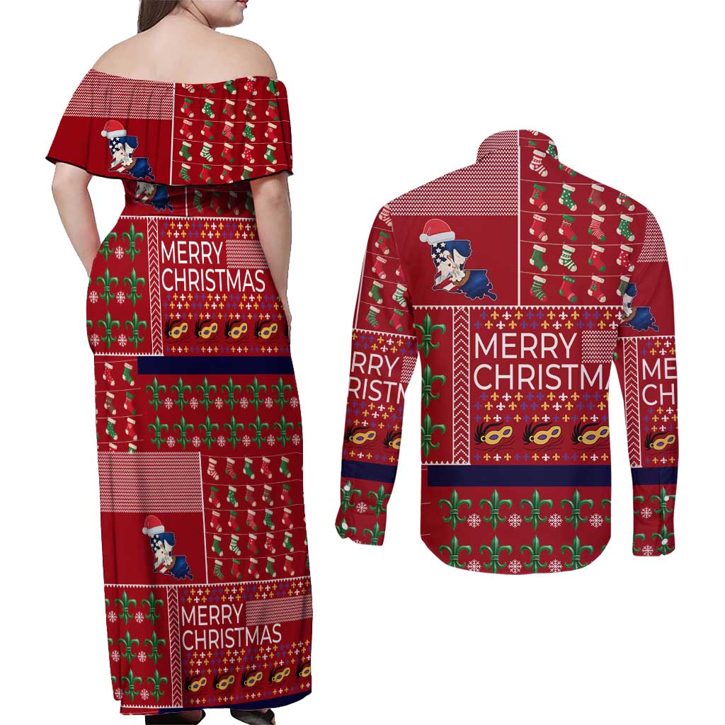 Louisiana Merry Christmas Couples Matching Off Shoulder Maxi Dress and Long Sleeve Button Shirt Xmas Holiday Patterns - Wonder Print Shop