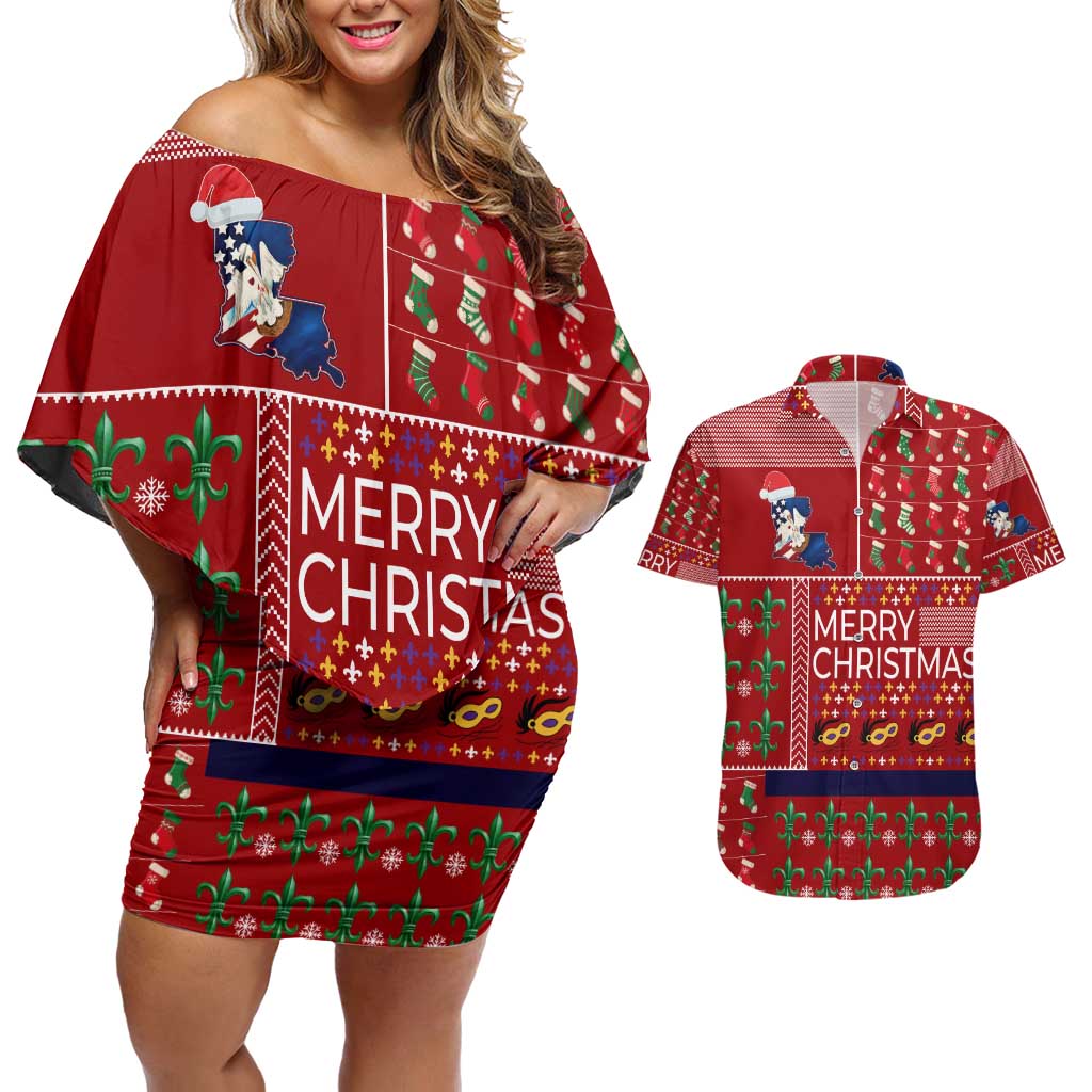 Louisiana Merry Christmas Couples Matching Off Shoulder Short Dress and Hawaiian Shirt Xmas Holiday Patterns - Wonder Print Shop