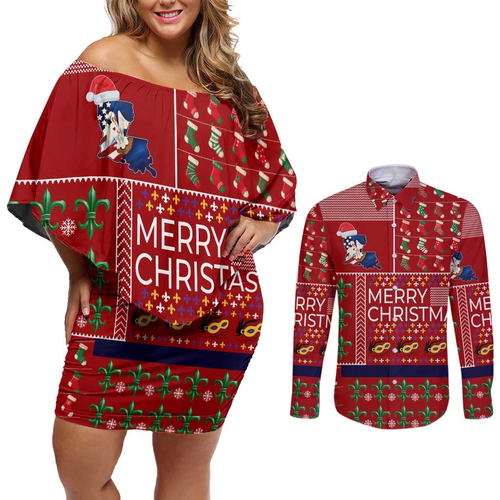 Louisiana Merry Christmas Couples Matching Off Shoulder Short Dress and Long Sleeve Button Shirt Xmas Holiday Patterns - Wonder Print Shop