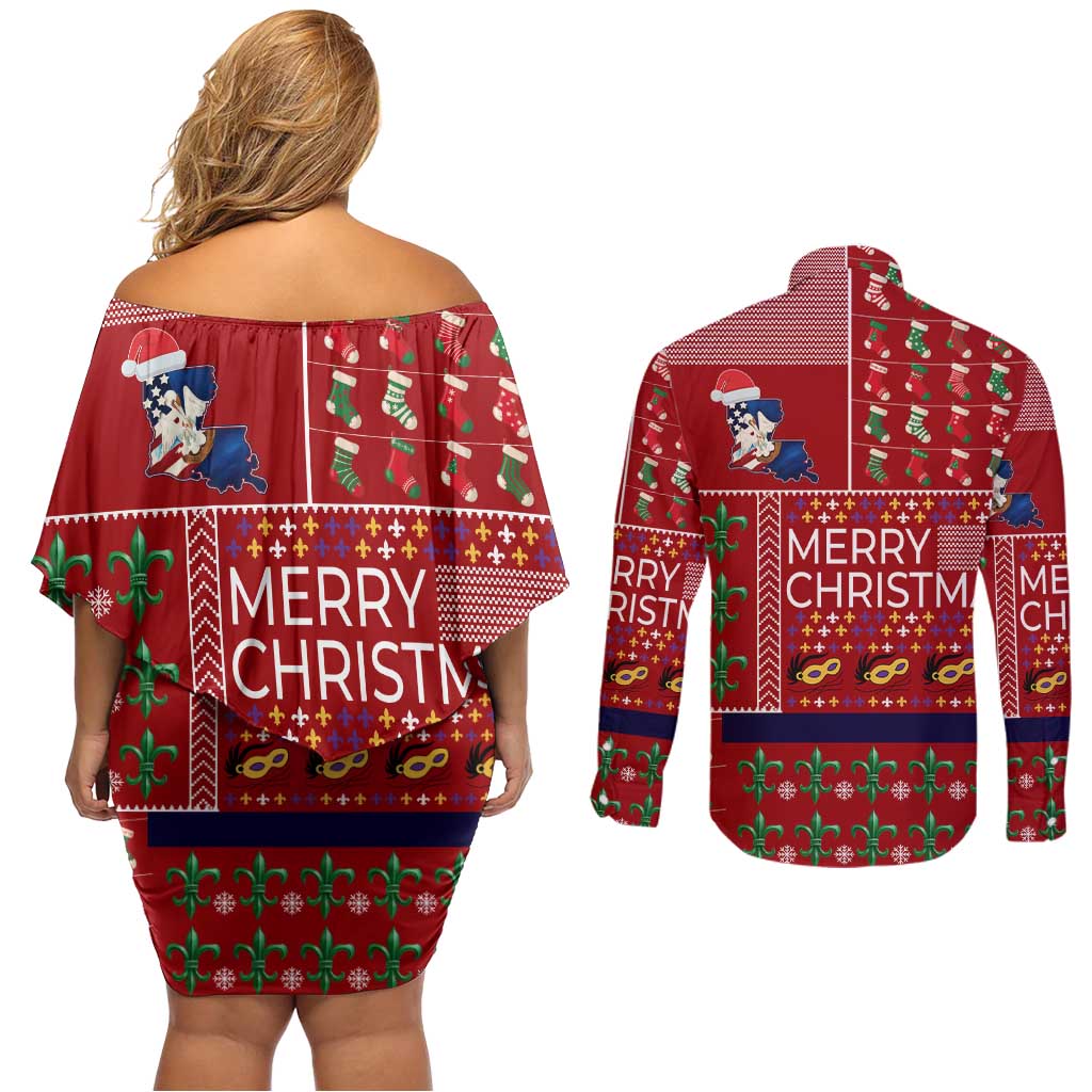 Louisiana Merry Christmas Couples Matching Off Shoulder Short Dress and Long Sleeve Button Shirt Xmas Holiday Patterns - Wonder Print Shop