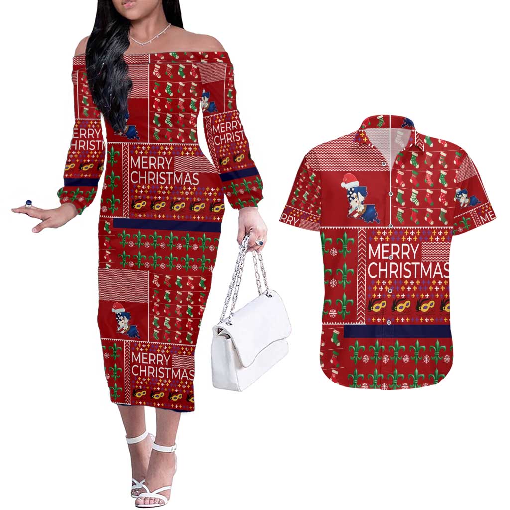 Louisiana Merry Christmas Couples Matching Off The Shoulder Long Sleeve Dress and Hawaiian Shirt Xmas Holiday Patterns - Wonder Print Shop