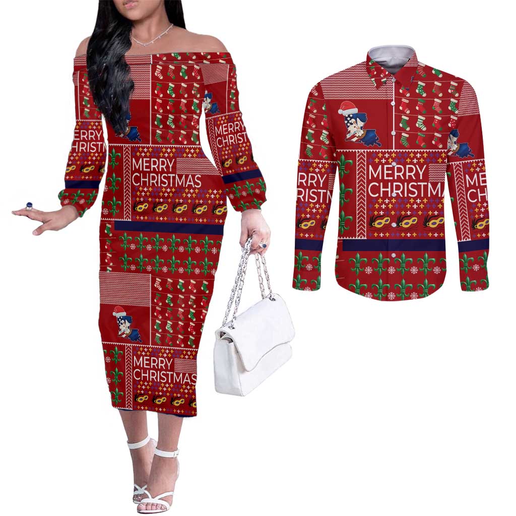 Louisiana Merry Christmas Couples Matching Off The Shoulder Long Sleeve Dress and Long Sleeve Button Shirt Xmas Holiday Patterns - Wonder Print Shop