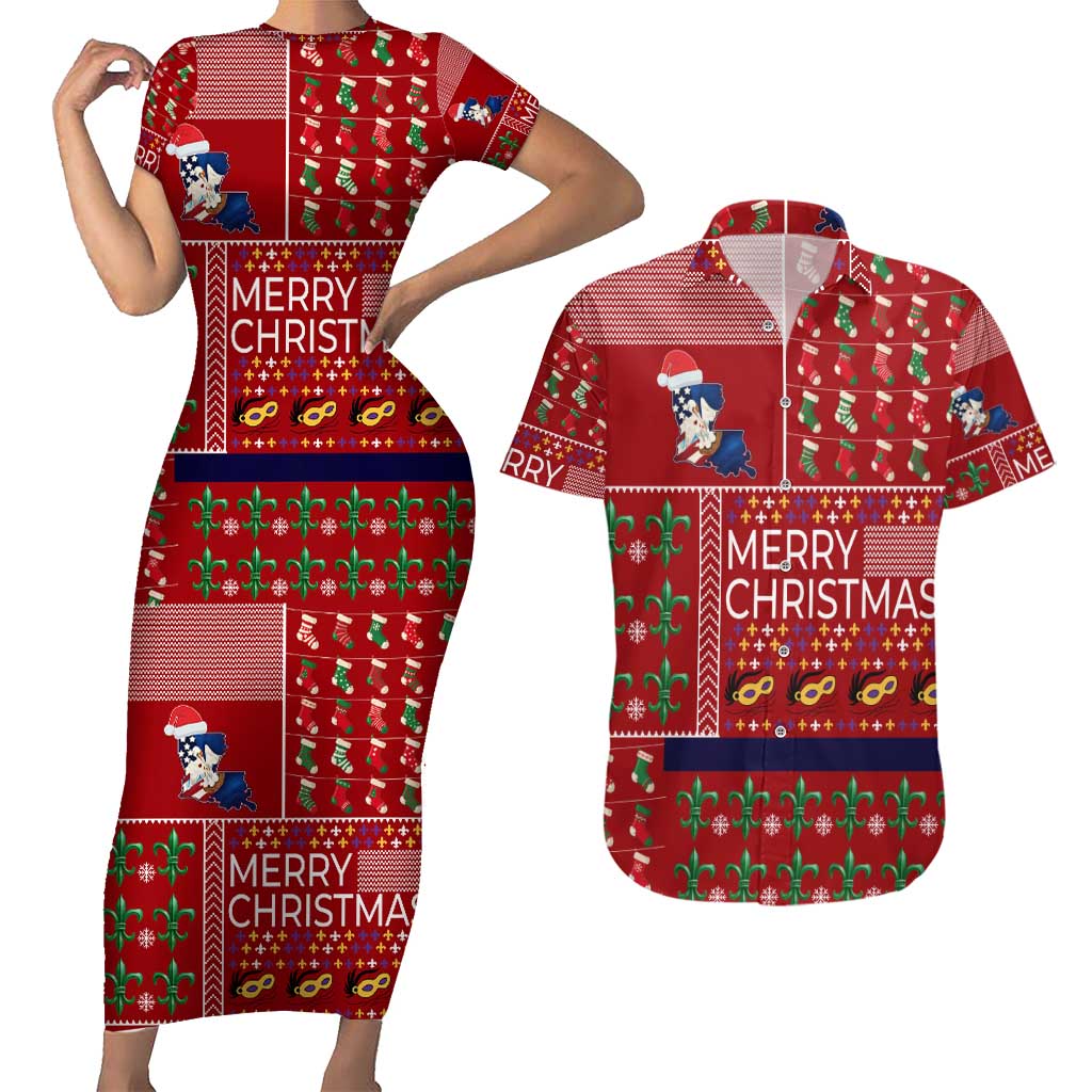 Louisiana Merry Christmas Couples Matching Short Sleeve Bodycon Dress and Hawaiian Shirt Xmas Holiday Patterns - Wonder Print Shop