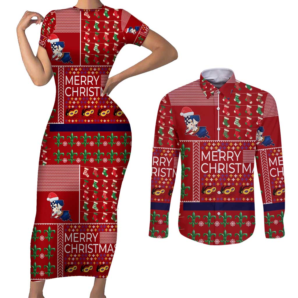Louisiana Merry Christmas Couples Matching Short Sleeve Bodycon Dress and Long Sleeve Button Shirt Xmas Holiday Patterns - Wonder Print Shop
