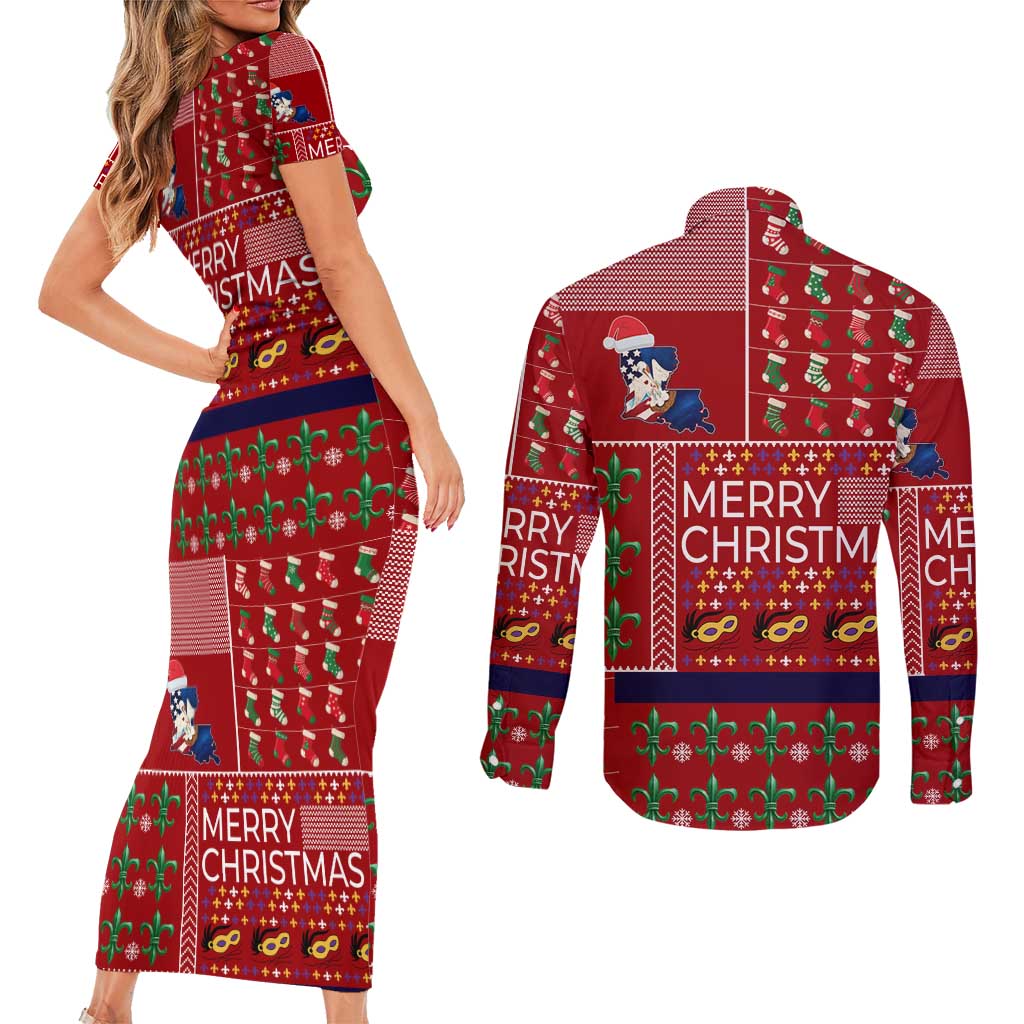 Louisiana Merry Christmas Couples Matching Short Sleeve Bodycon Dress and Long Sleeve Button Shirt Xmas Holiday Patterns - Wonder Print Shop