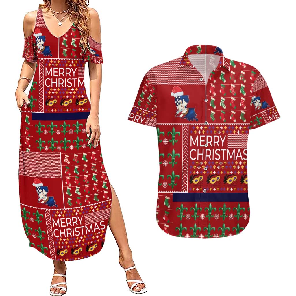 Louisiana Merry Christmas Couples Matching Summer Maxi Dress and Hawaiian Shirt Xmas Holiday Patterns - Wonder Print Shop