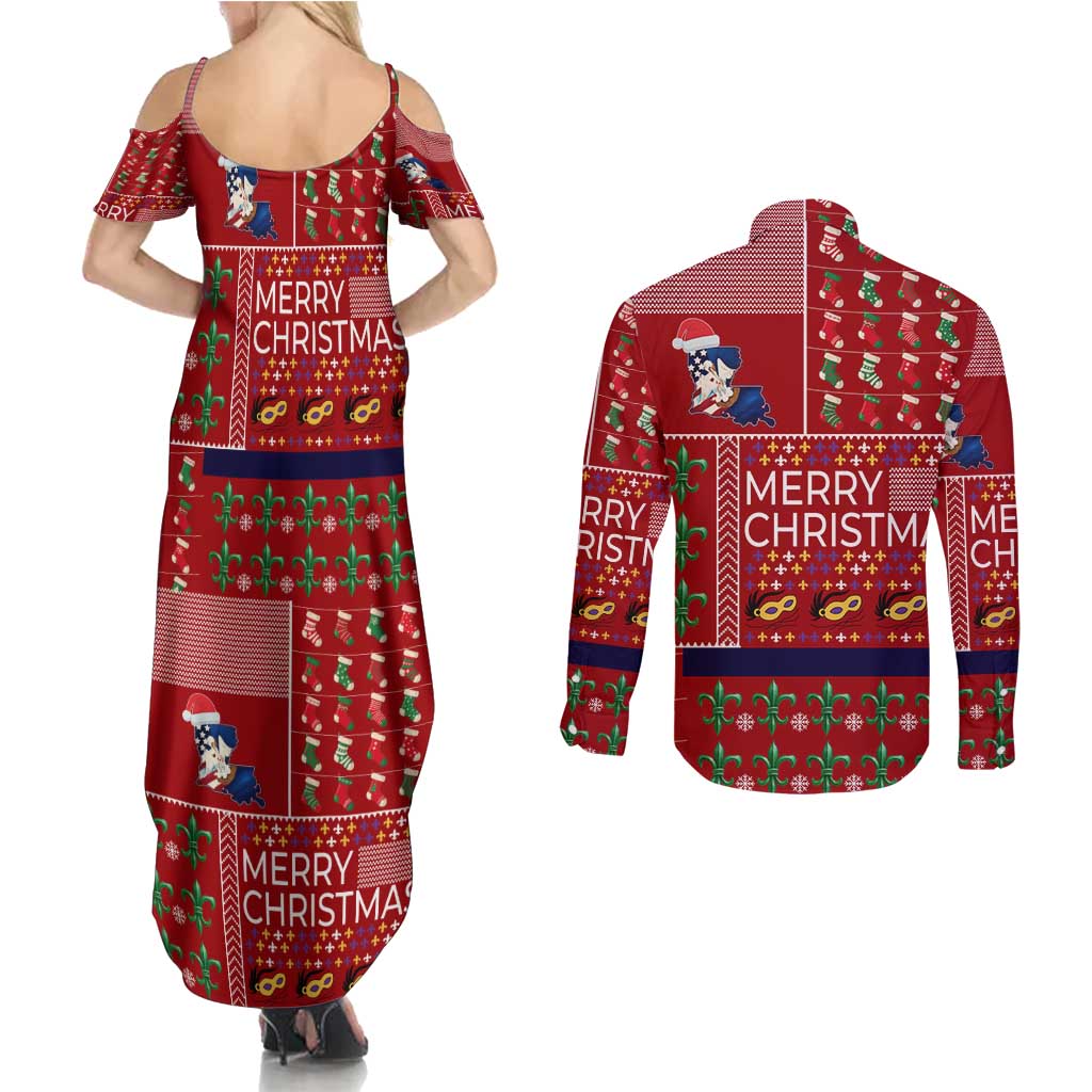 Louisiana Merry Christmas Couples Matching Summer Maxi Dress and Long Sleeve Button Shirt Xmas Holiday Patterns - Wonder Print Shop