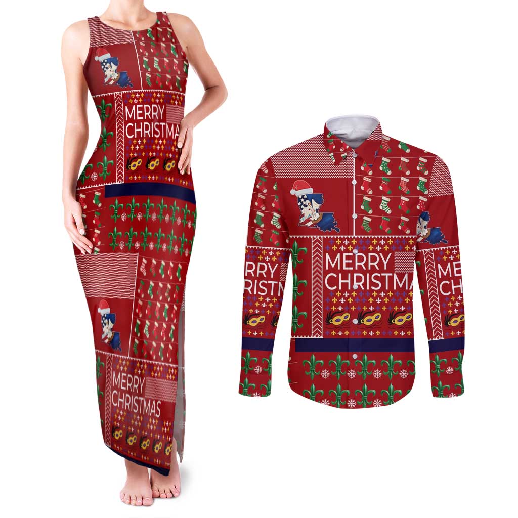 Louisiana Merry Christmas Couples Matching Tank Maxi Dress and Long Sleeve Button Shirt Xmas Holiday Patterns - Wonder Print Shop