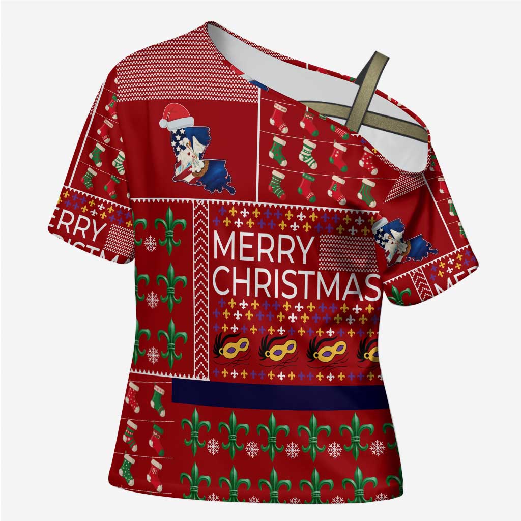 Louisiana Merry Christmas Cross Shoulder Shirt Xmas Holiday Patterns - Wonder Print Shop