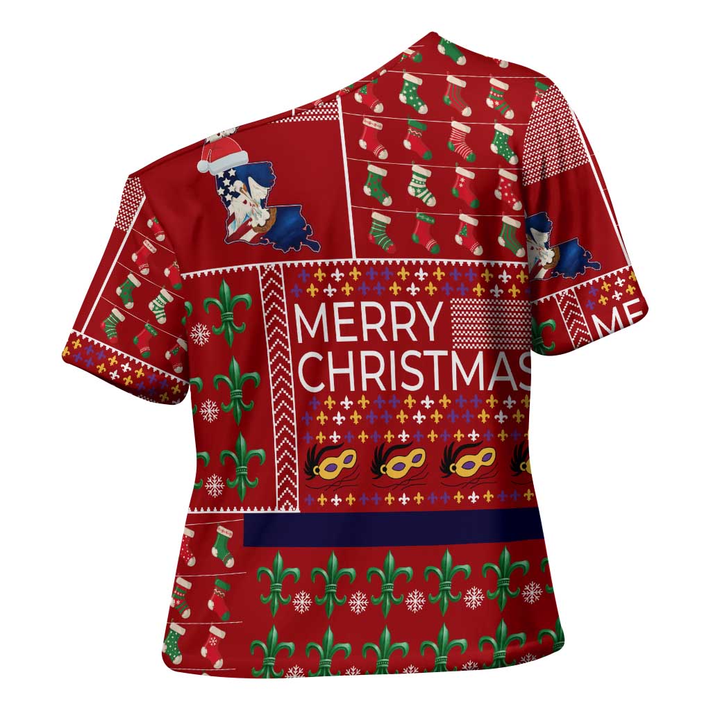 Louisiana Merry Christmas Cross Shoulder Shirt Xmas Holiday Patterns - Wonder Print Shop