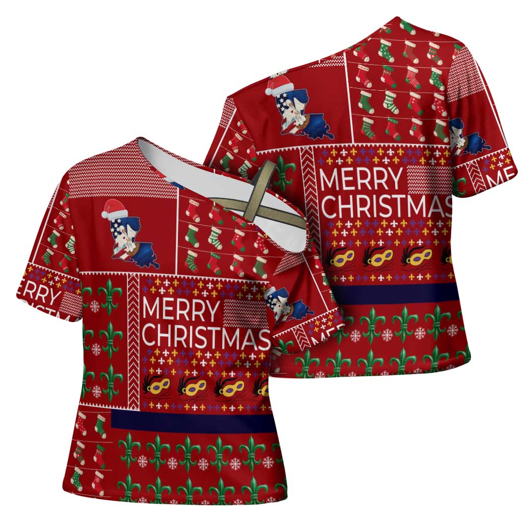 Louisiana Merry Christmas Cross Shoulder Shirt Xmas Holiday Patterns - Wonder Print Shop
