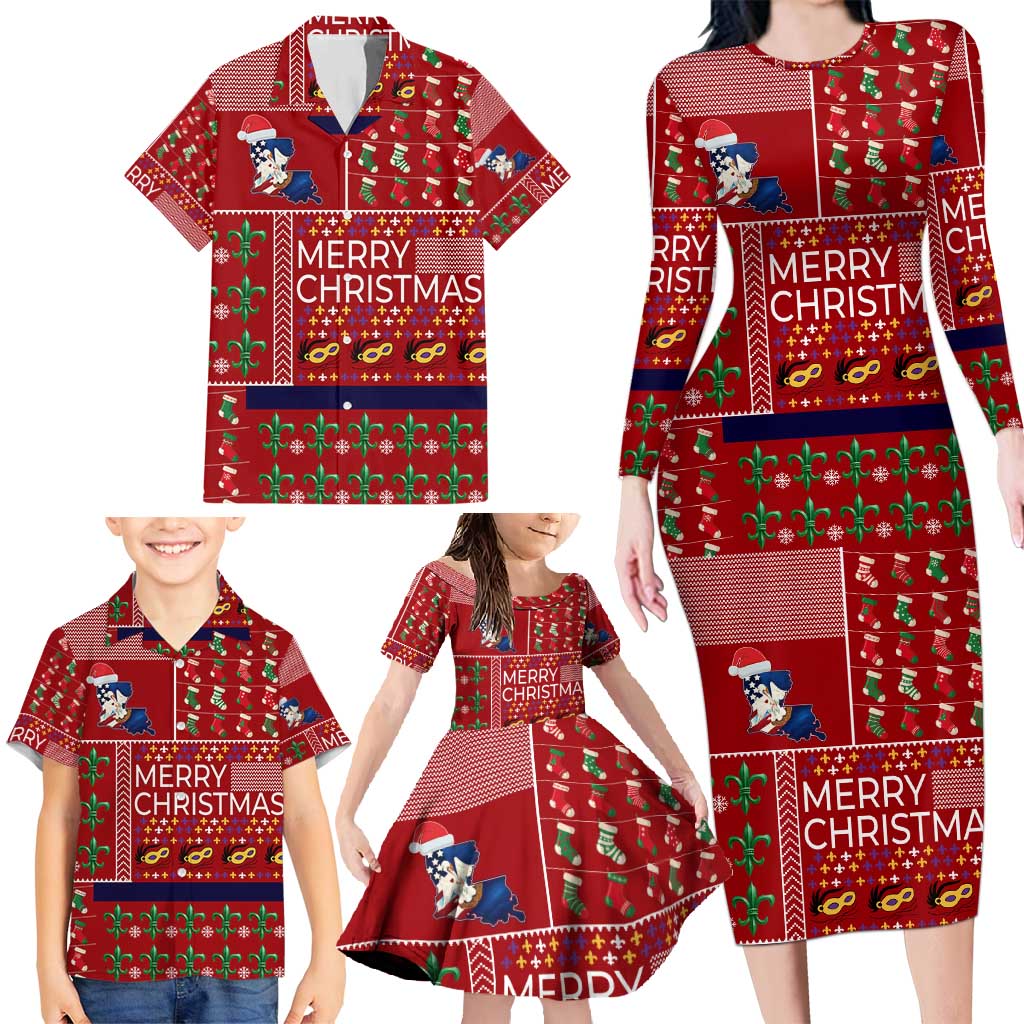 Louisiana Merry Christmas Family Matching Long Sleeve Bodycon Dress and Hawaiian Shirt Xmas Holiday Patterns - Wonder Print Shop