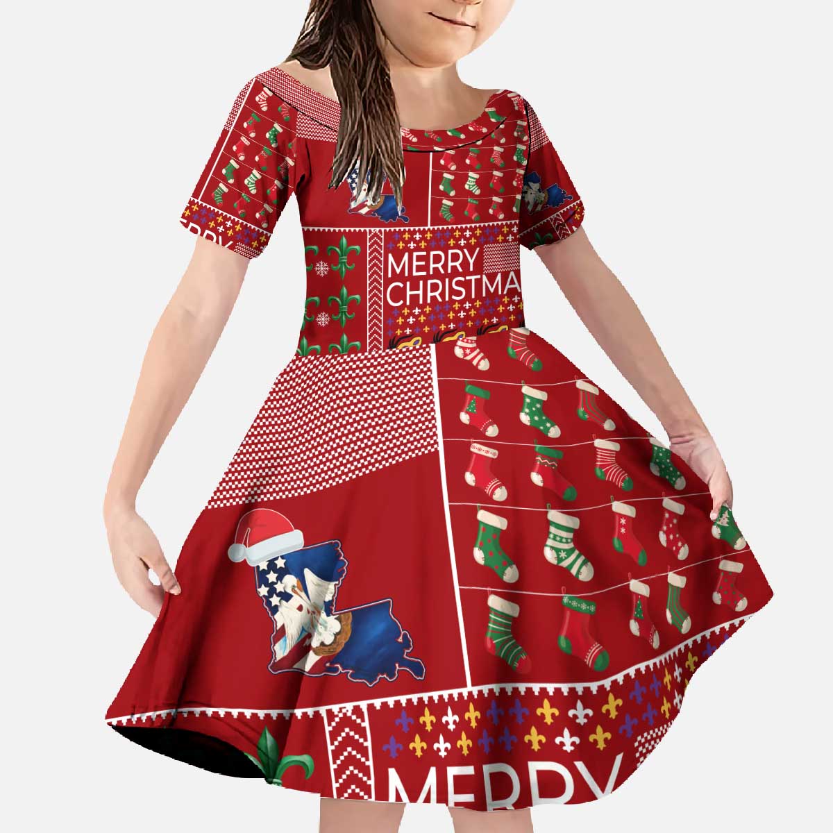 Louisiana Merry Christmas Family Matching Off The Shoulder Long Sleeve Dress and Hawaiian Shirt Xmas Holiday Patterns - Wonder Print Shop