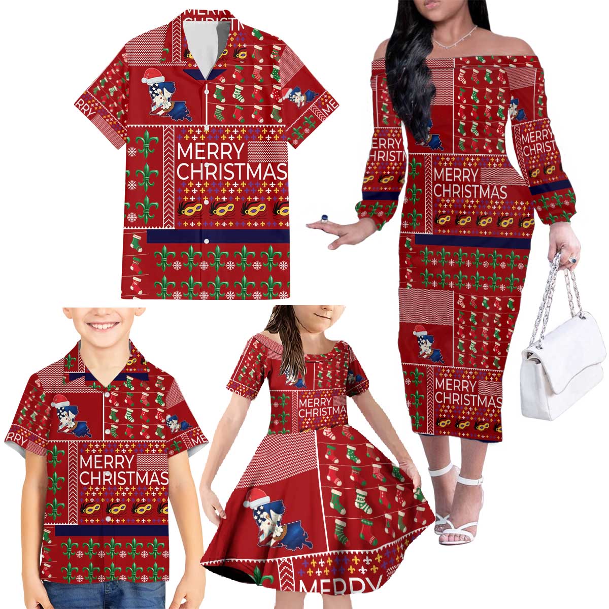 Louisiana Merry Christmas Family Matching Off The Shoulder Long Sleeve Dress and Hawaiian Shirt Xmas Holiday Patterns - Wonder Print Shop