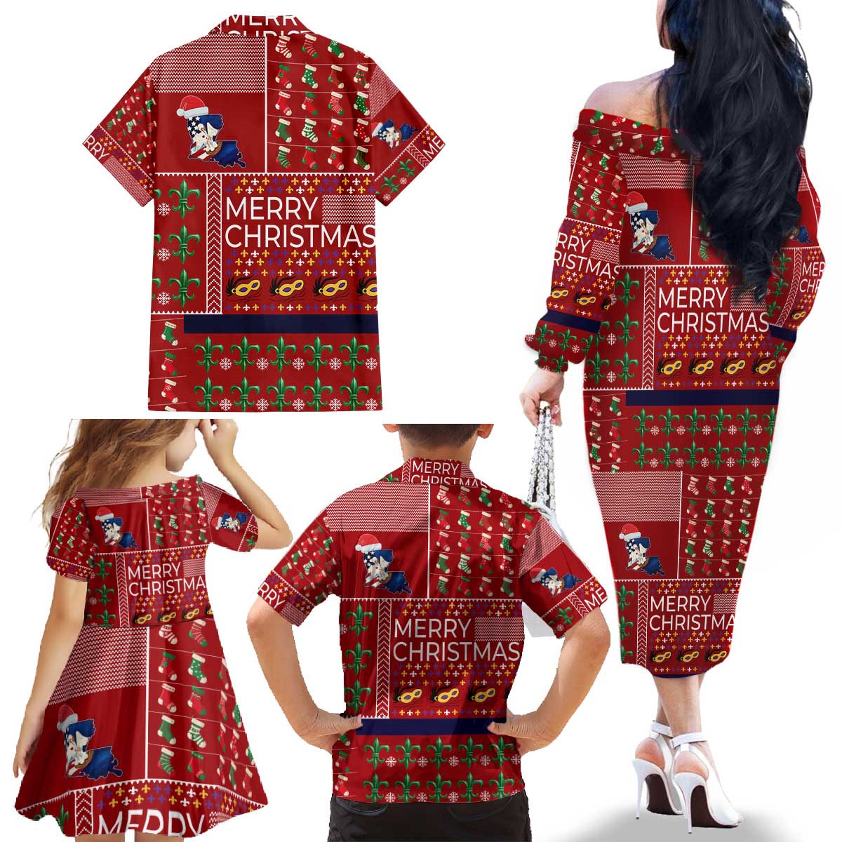 Louisiana Merry Christmas Family Matching Off The Shoulder Long Sleeve Dress and Hawaiian Shirt Xmas Holiday Patterns - Wonder Print Shop
