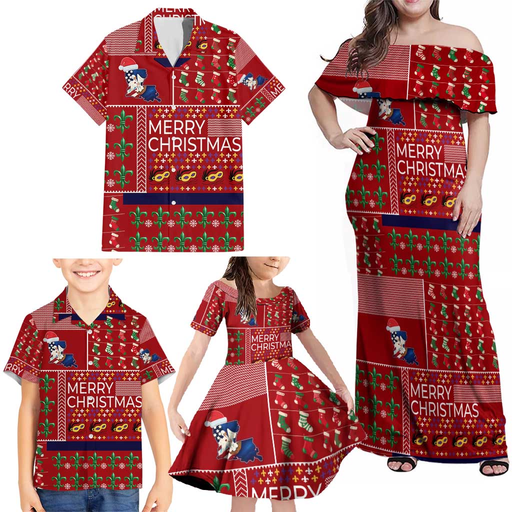 Louisiana Merry Christmas Family Matching Off Shoulder Maxi Dress and Hawaiian Shirt Xmas Holiday Patterns - Wonder Print Shop