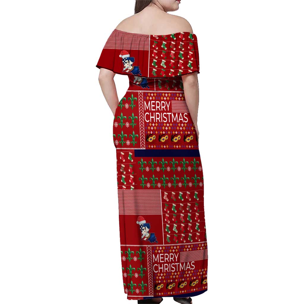 Louisiana Merry Christmas Family Matching Off Shoulder Maxi Dress and Hawaiian Shirt Xmas Holiday Patterns - Wonder Print Shop