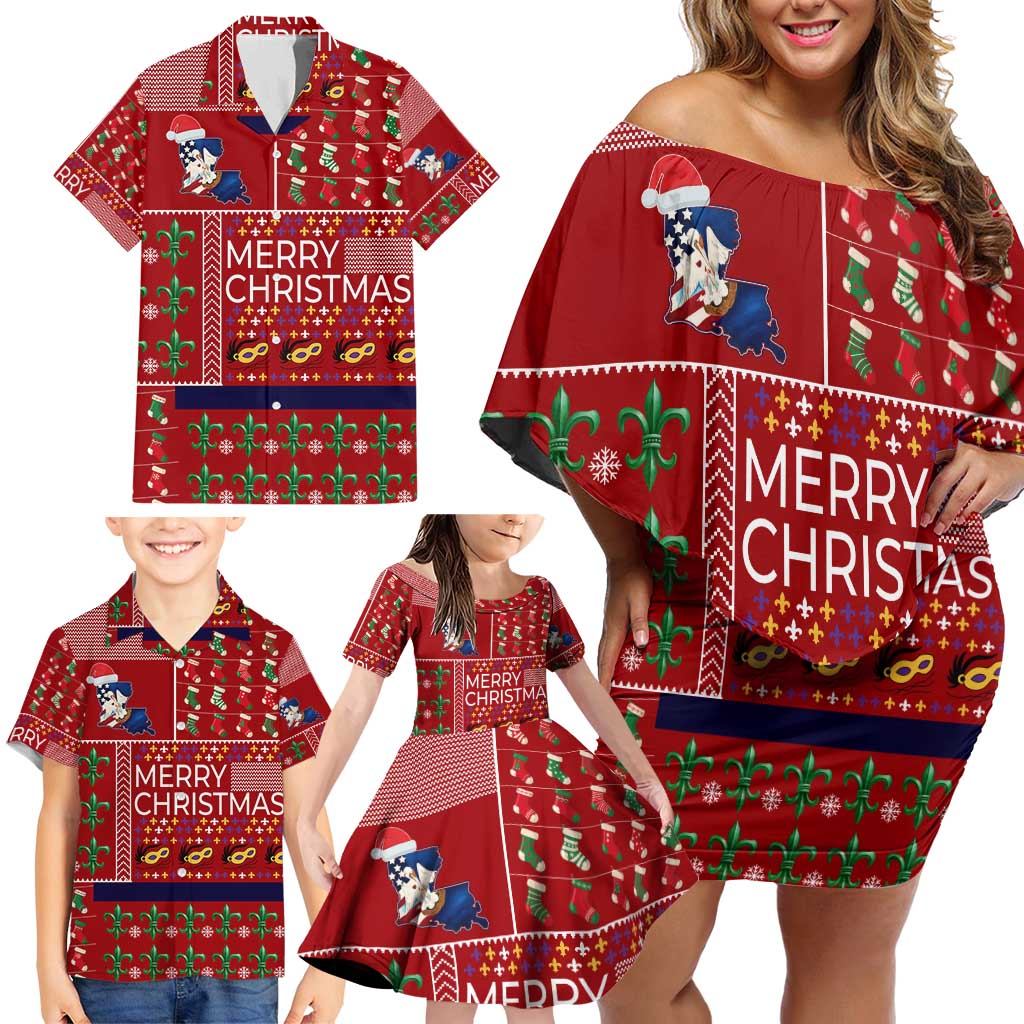Louisiana Merry Christmas Family Matching Off Shoulder Short Dress and Hawaiian Shirt Xmas Holiday Patterns - Wonder Print Shop