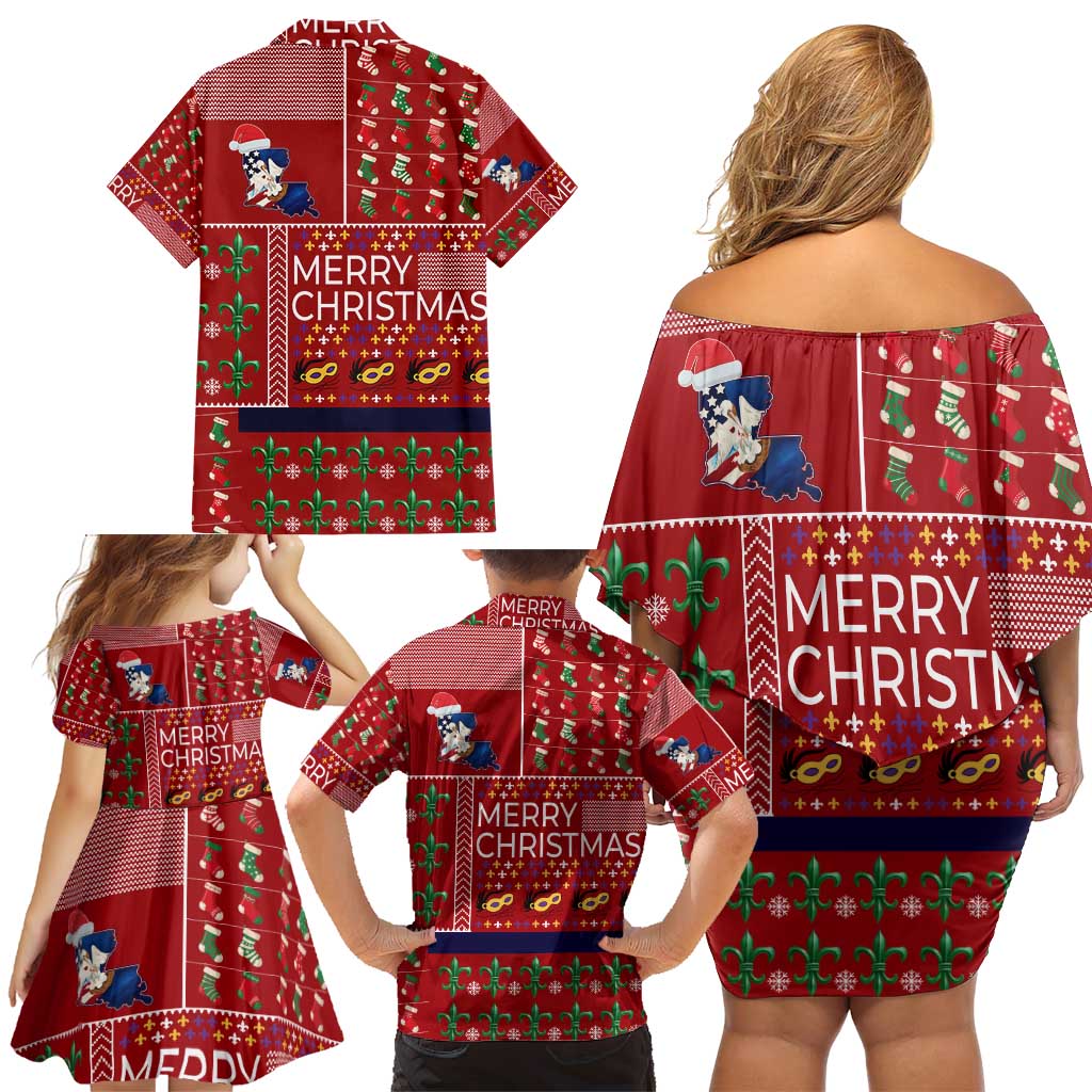 Louisiana Merry Christmas Family Matching Off Shoulder Short Dress and Hawaiian Shirt Xmas Holiday Patterns - Wonder Print Shop
