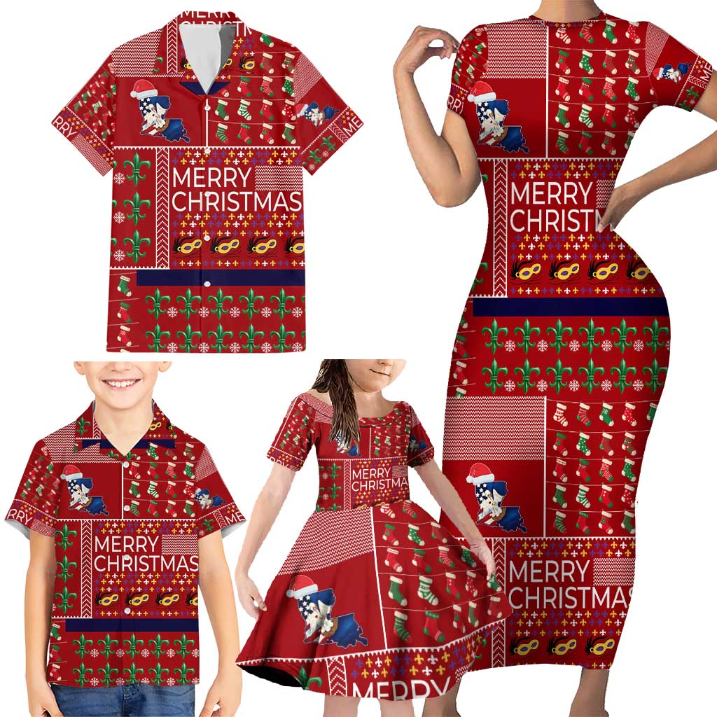 Louisiana Merry Christmas Family Matching Short Sleeve Bodycon Dress and Hawaiian Shirt Xmas Holiday Patterns - Wonder Print Shop