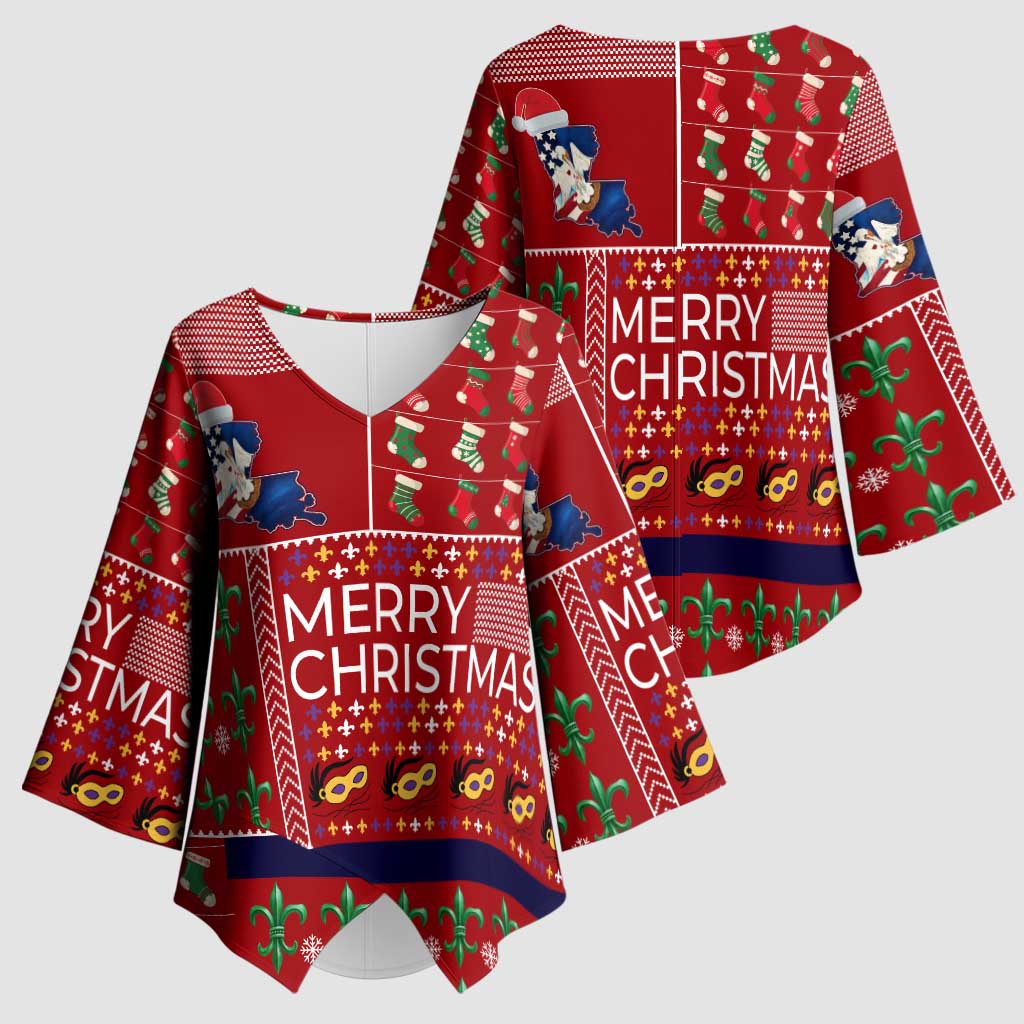 Louisiana Merry Christmas Kimono Sleeve Blouse Xmas Holiday Patterns - Wonder Print Shop