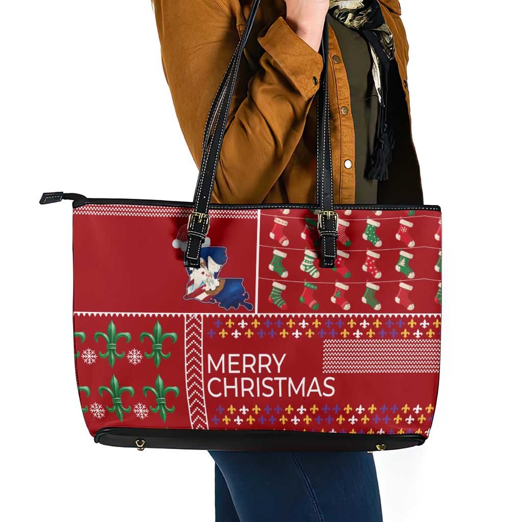 Louisiana Merry Christmas Leather Tote Bag Xmas Holiday Patterns - Wonder Print Shop