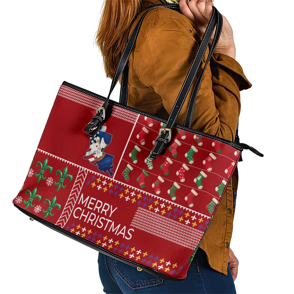 Louisiana Merry Christmas Leather Tote Bag Xmas Holiday Patterns - Wonder Print Shop