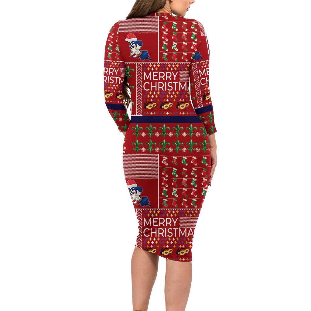 Louisiana Merry Christmas Long Sleeve Bodycon Dress Xmas Holiday Patterns - Wonder Print Shop
