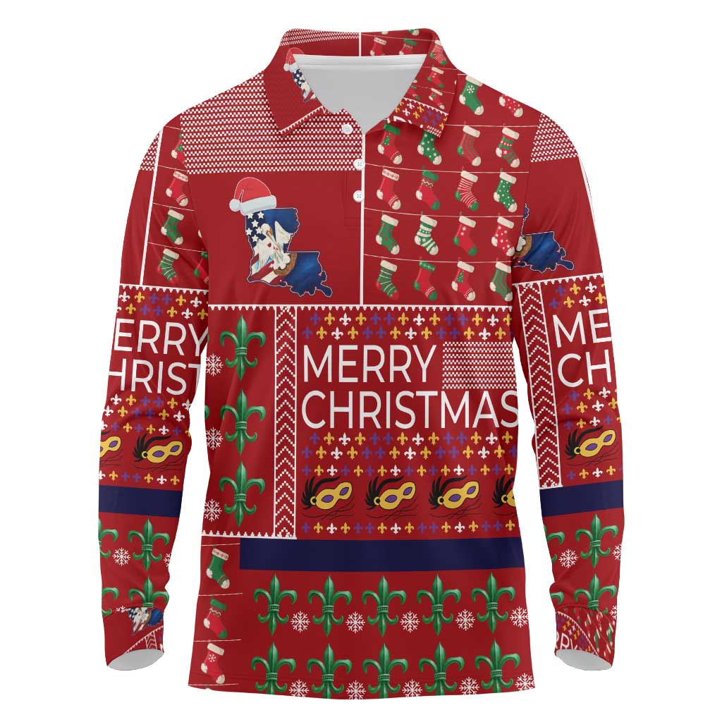 Louisiana Merry Christmas Long Sleeve Polo Shirt Xmas Holiday Patterns - Wonder Print Shop