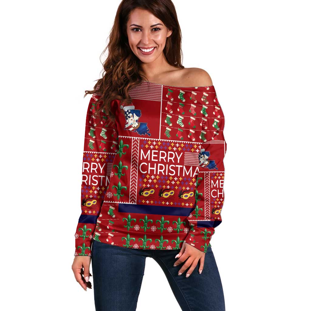 Louisiana Merry Christmas Off Shoulder Sweater Xmas Holiday Patterns - Wonder Print Shop