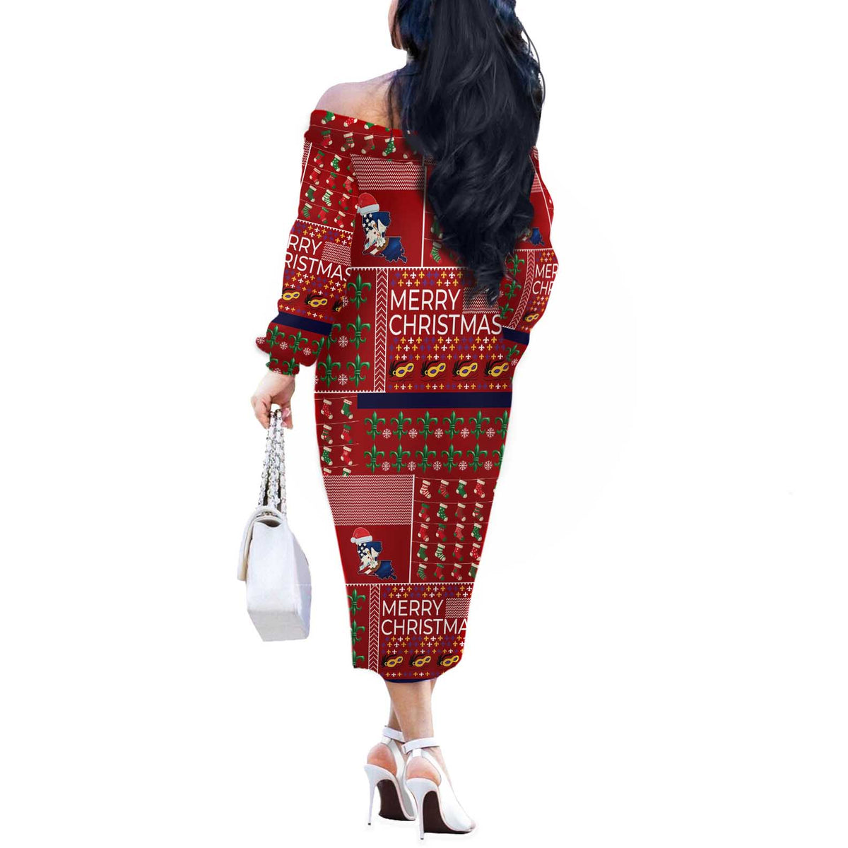Louisiana Merry Christmas Off The Shoulder Long Sleeve Dress Xmas Holiday Patterns - Wonder Print Shop