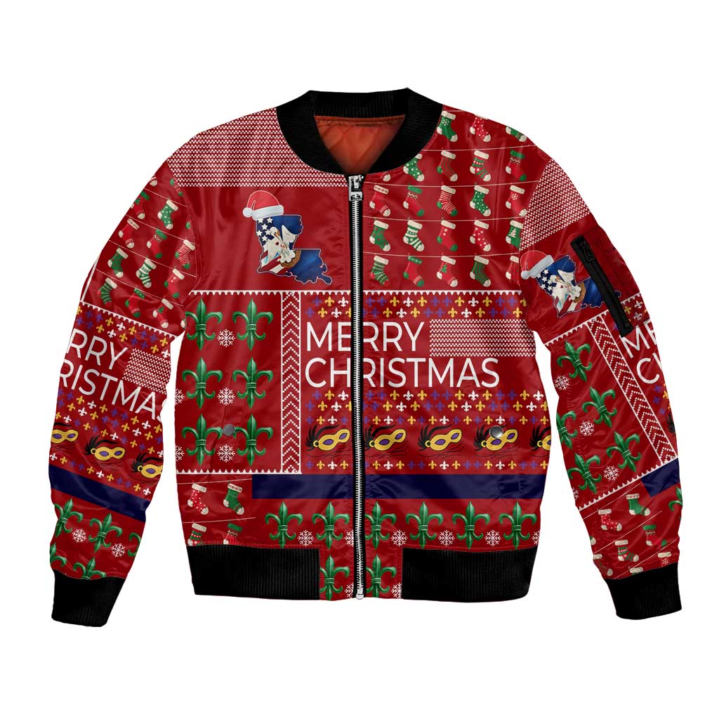 Louisiana Merry Christmas Sleeve Zip Bomber Jacket Xmas Holiday Patterns - Wonder Print Shop