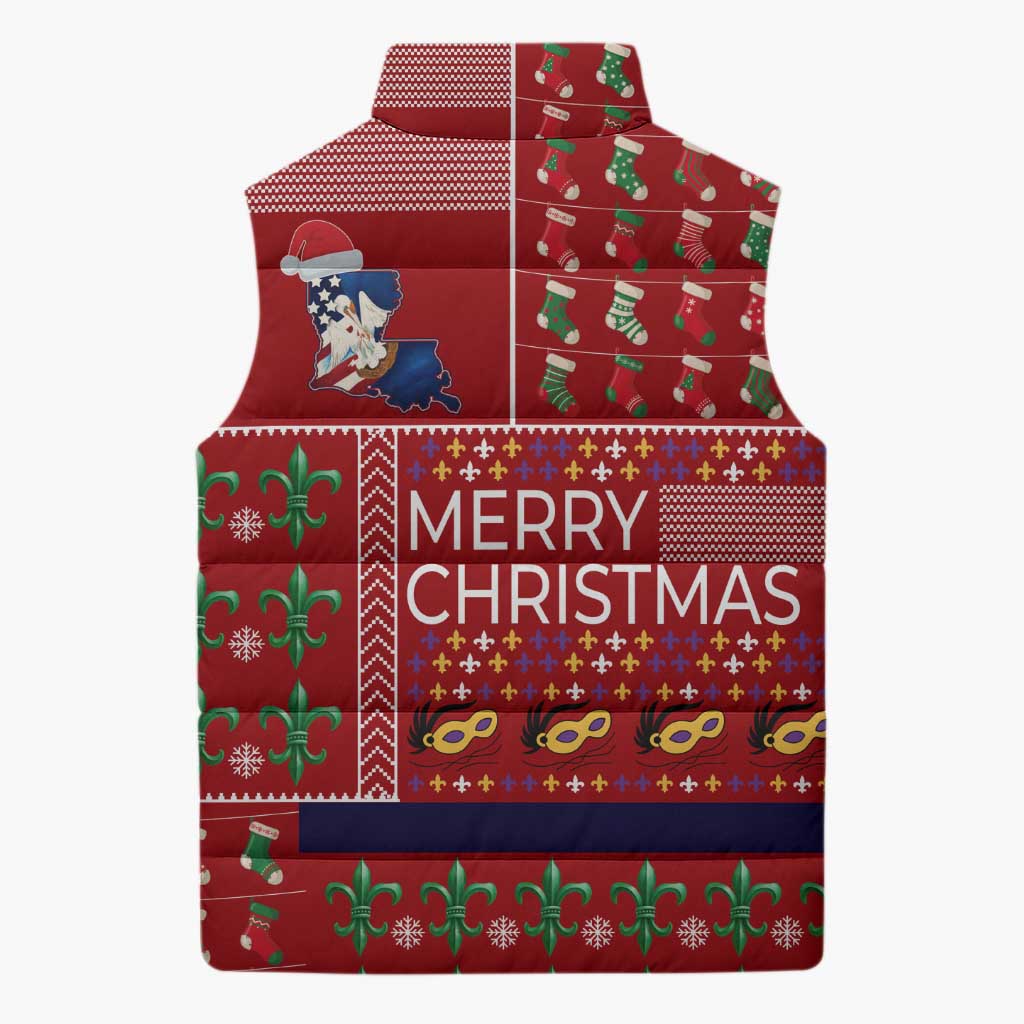 Louisiana Merry Christmas Sleeveless Puffer Jacket Xmas Holiday Patterns - Wonder Print Shop