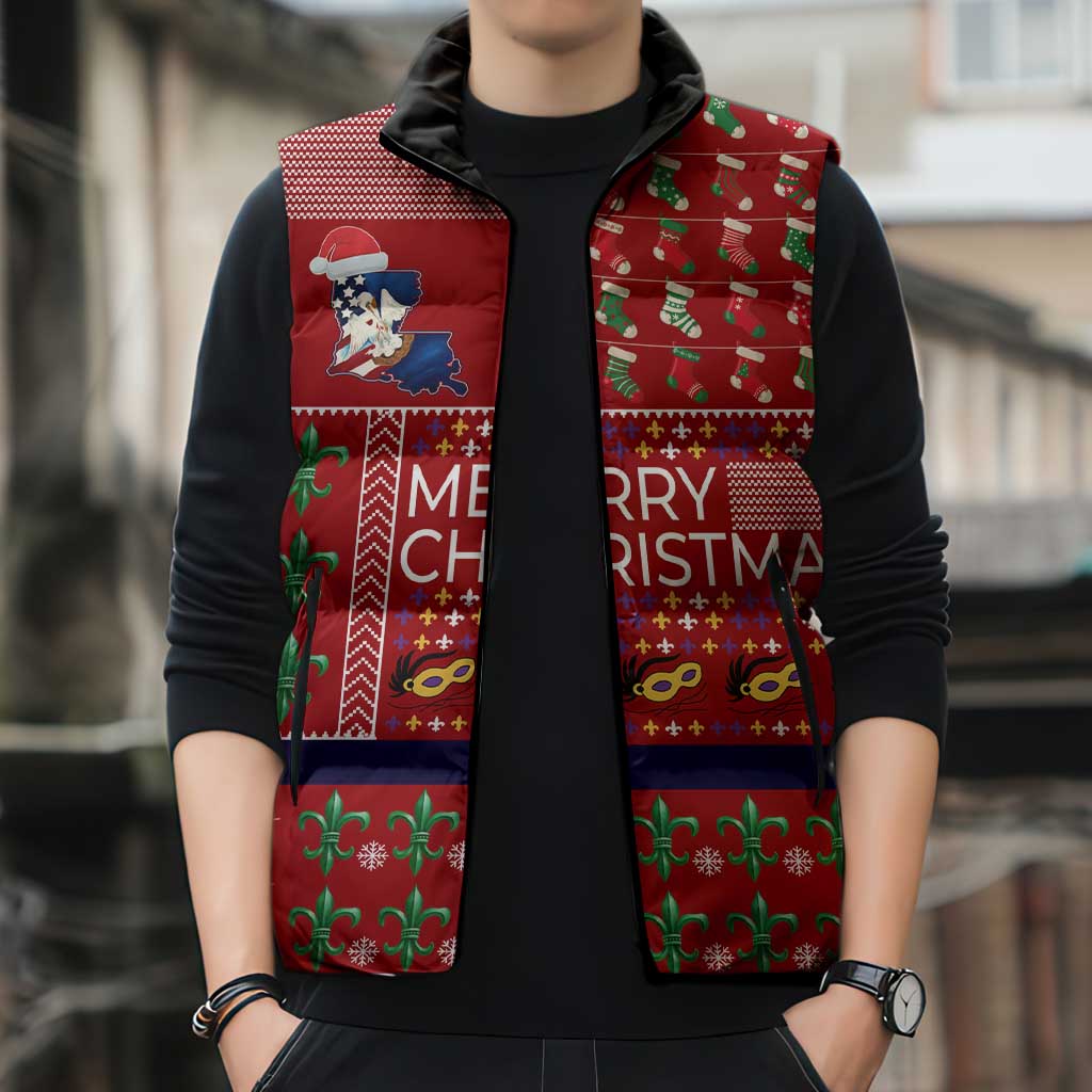Louisiana Merry Christmas Sleeveless Puffer Jacket Xmas Holiday Patterns - Wonder Print Shop