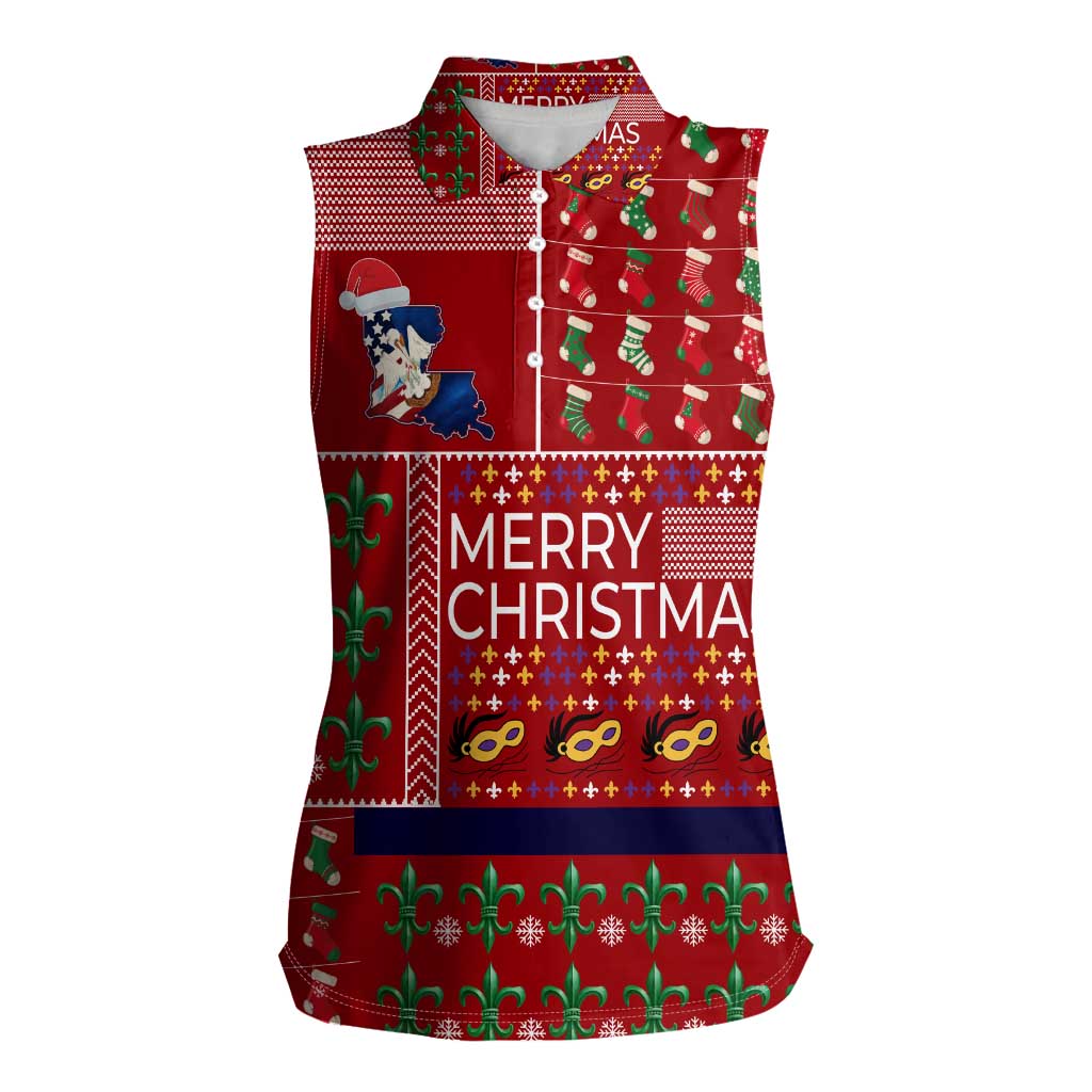 Louisiana Merry Christmas Women Sleeveless Polo Shirt Xmas Holiday Patterns - Wonder Print Shop