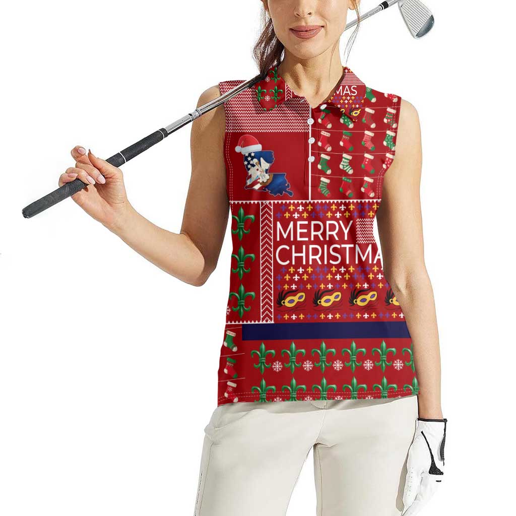 Louisiana Merry Christmas Women Sleeveless Polo Shirt Xmas Holiday Patterns - Wonder Print Shop