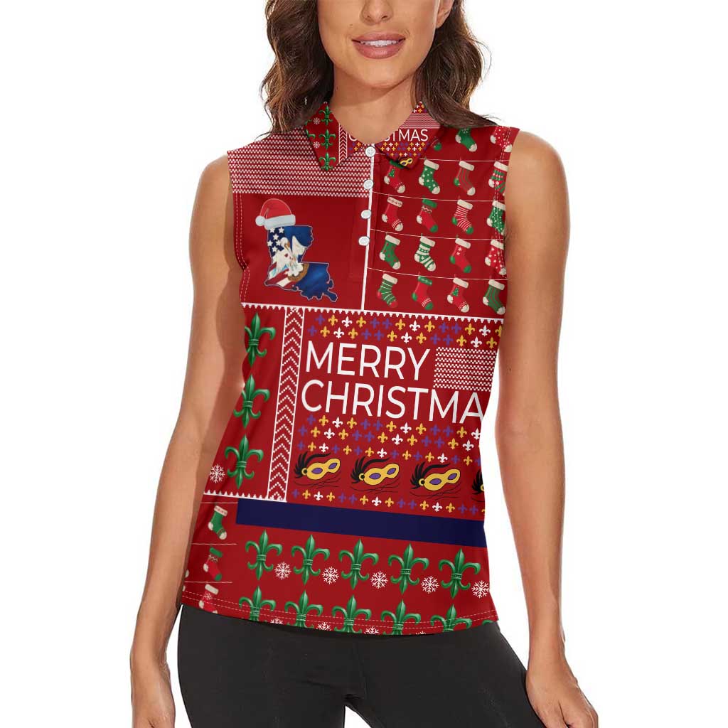 Louisiana Merry Christmas Women Sleeveless Polo Shirt Xmas Holiday Patterns - Wonder Print Shop