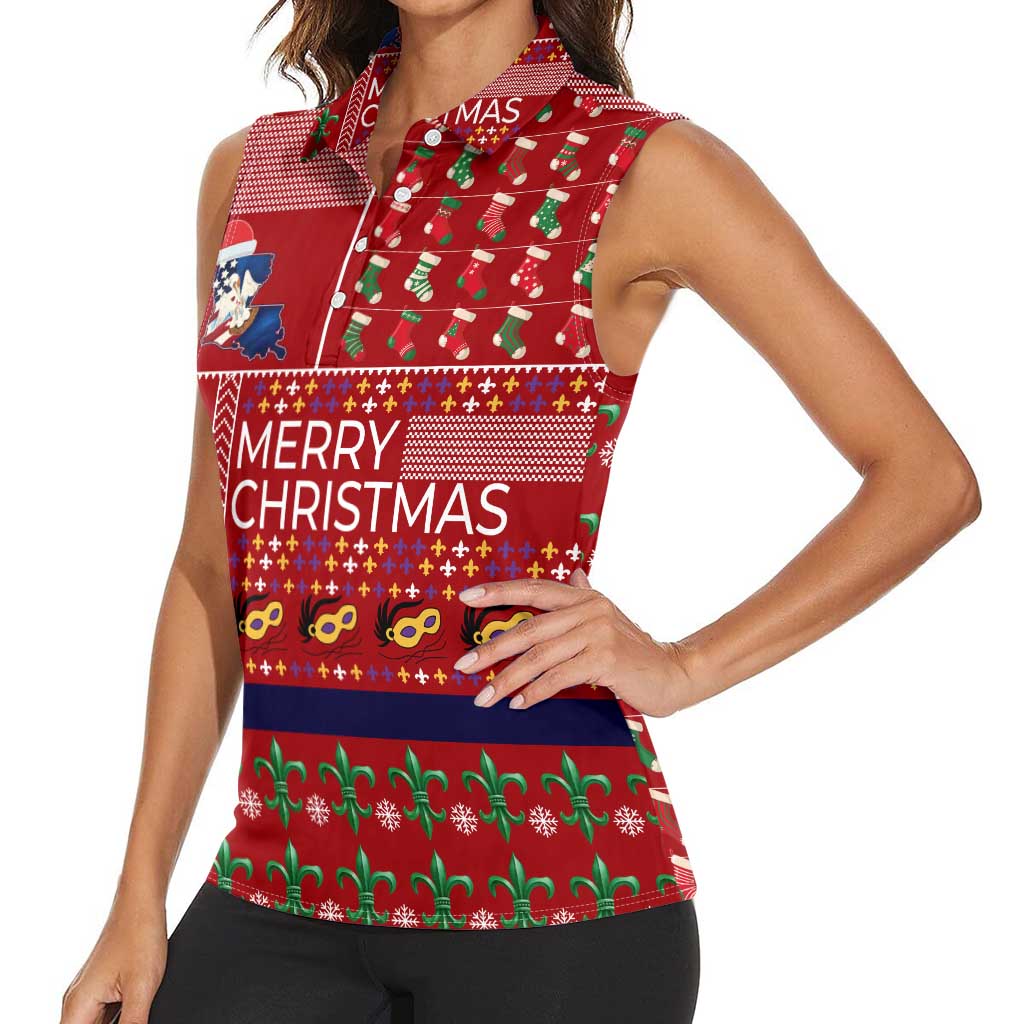Louisiana Merry Christmas Women Sleeveless Polo Shirt Xmas Holiday Patterns - Wonder Print Shop